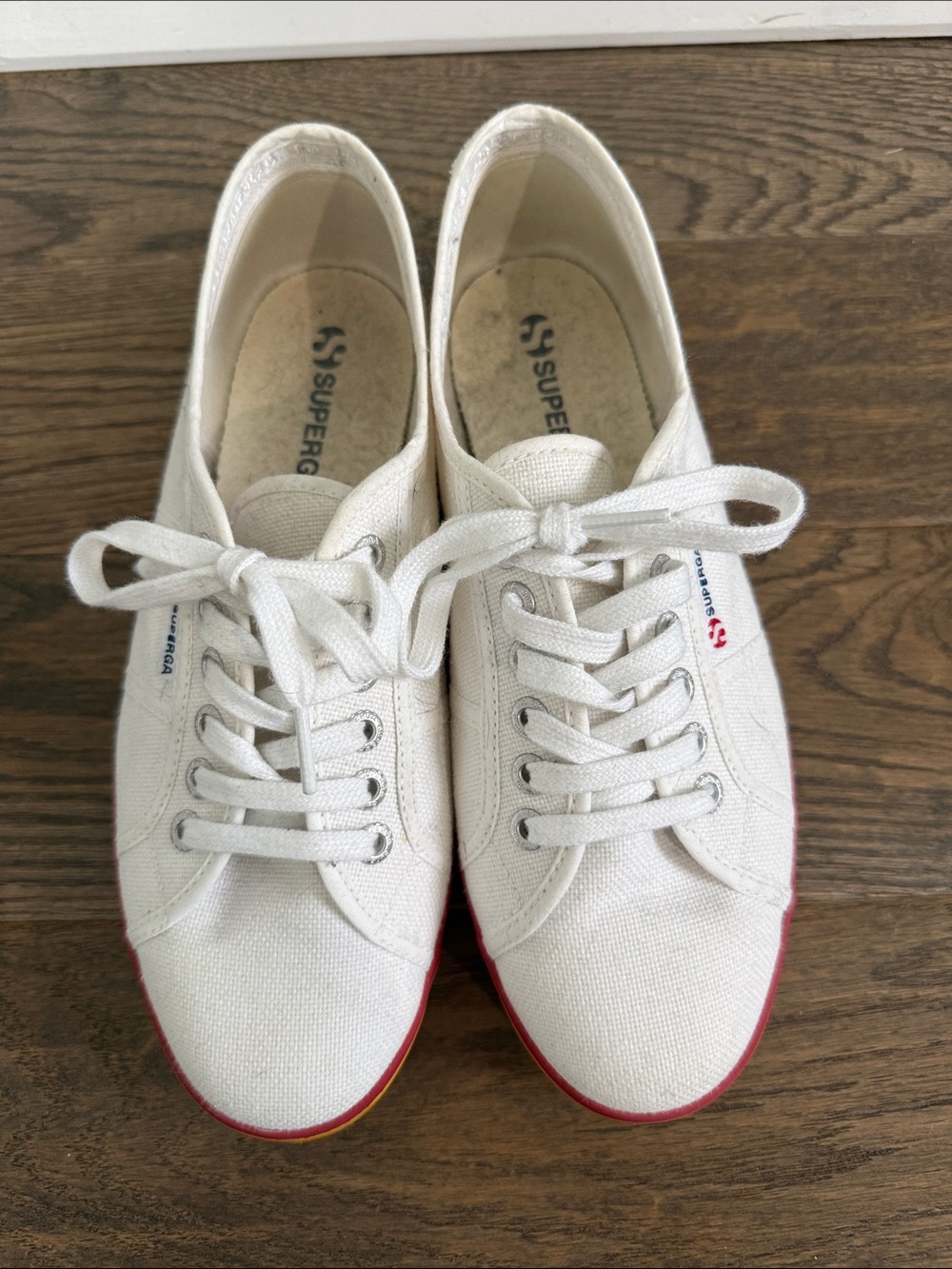 Superga White Canvas Platform Sneakers with Rainbow Stripe Sole - Picture 3 of 6